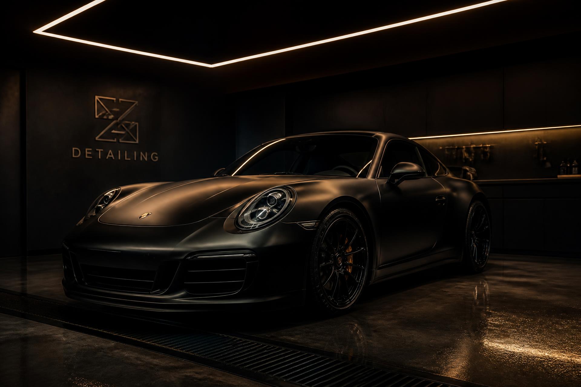 Matte black luxury car in Golden Prints SD detailing studio